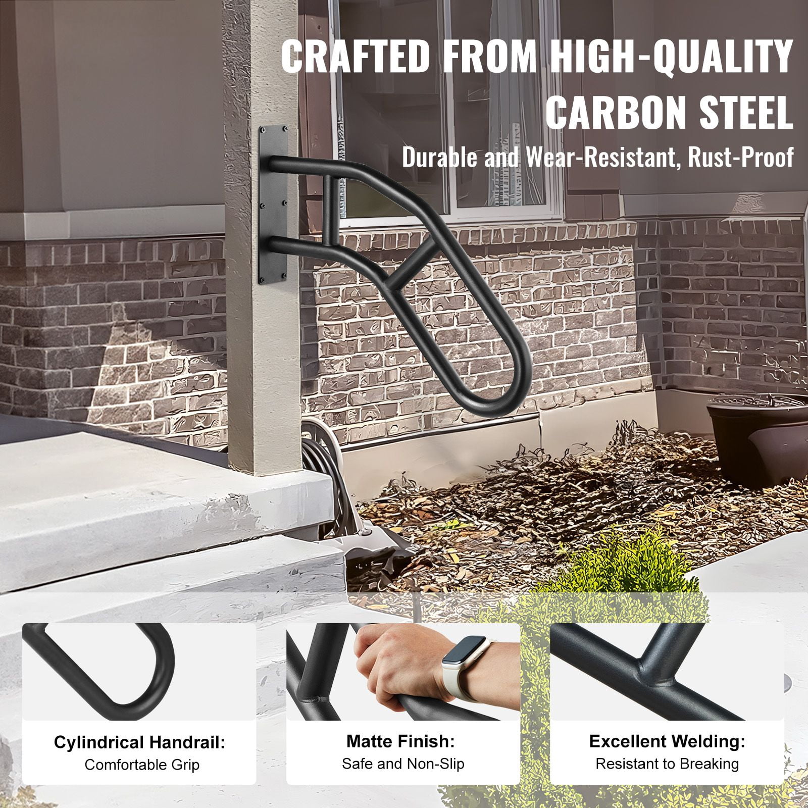 Wall-Mounted Handrail 32" with 440 lbs Capacity, Carbon Steel, Metal Expansion Tubes, Double Connection Rods, for Stairs Garage Garden