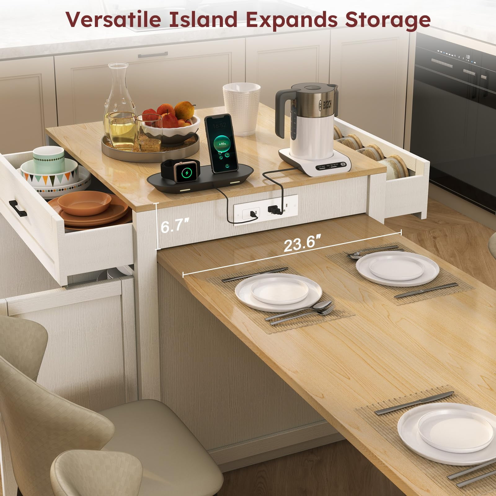 ZIVACATE 82.7"L Expandable Retractable Kitchen Island for 4-6 Person, Faux Marble Top Kitchen Island with Storage Built-in Power Outlet,White