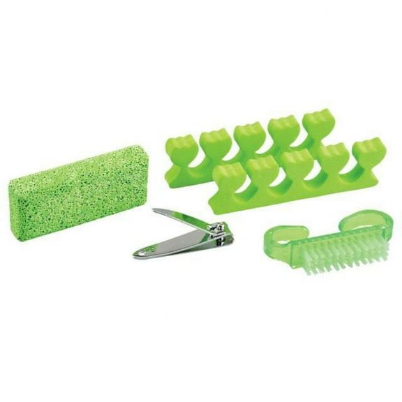 Pedicure Set 5 pieces - Nail Clipper, Brush, Stone & Spacer PLUS 4-way Buffer Block Assorted Colors