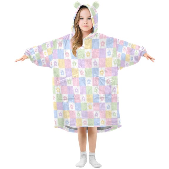 Kids Wearable Blanket Hoodie with 2 Pockets Checkerboard and Floral Patterns Oversize Blankets Sweatshirt for Children Small