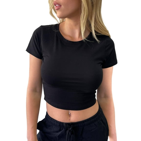 HUONA Women T Shirt Crew Neck Sexy Summer T-shirt Ladies Short Sleeve Shirts Black XL