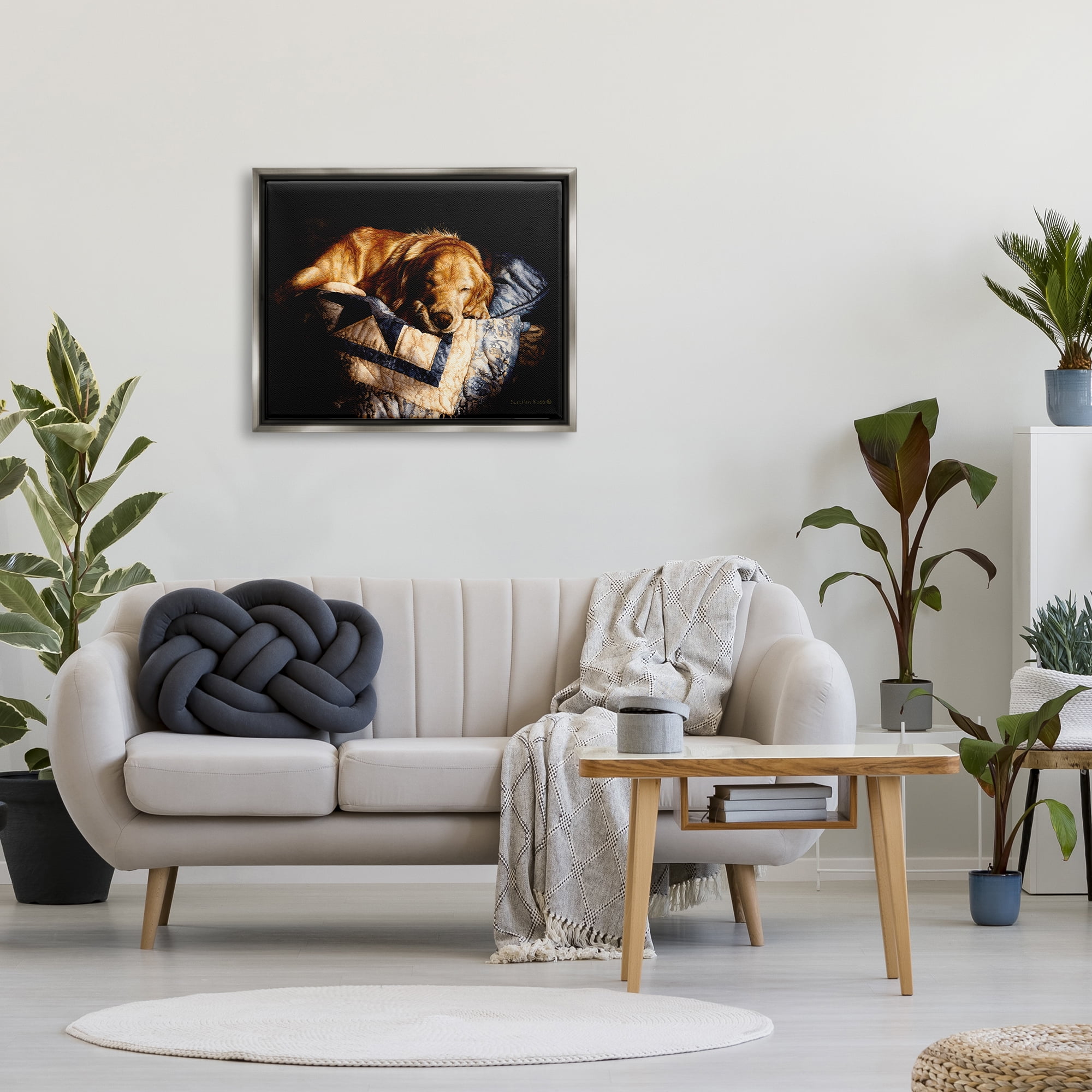 Stupell Industries Cozy Dog Sleeping Quilt Animal Animals & Insects Painting Gray Floater Framed Art Print Wall Art