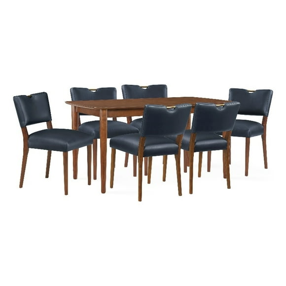 Bonito Midnight Blue Faux Leather 7-piece Dining Set in Walnut Wood Finish