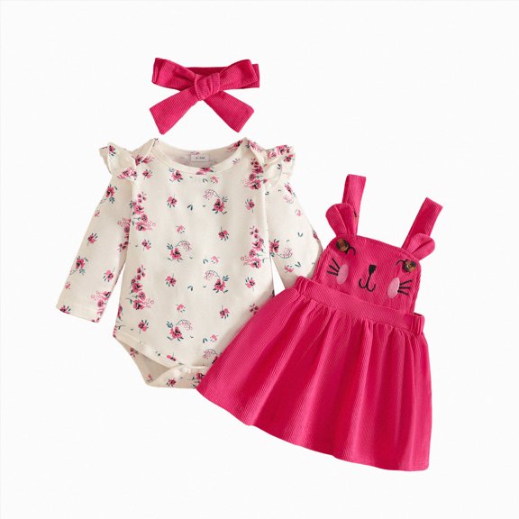 Cdudpw Baby Girl Clothes Fall Winter Outfit Long Sleeve Romper Newborn Fall Suspender Skirt Set with Headband(Z159-Hot Pink)