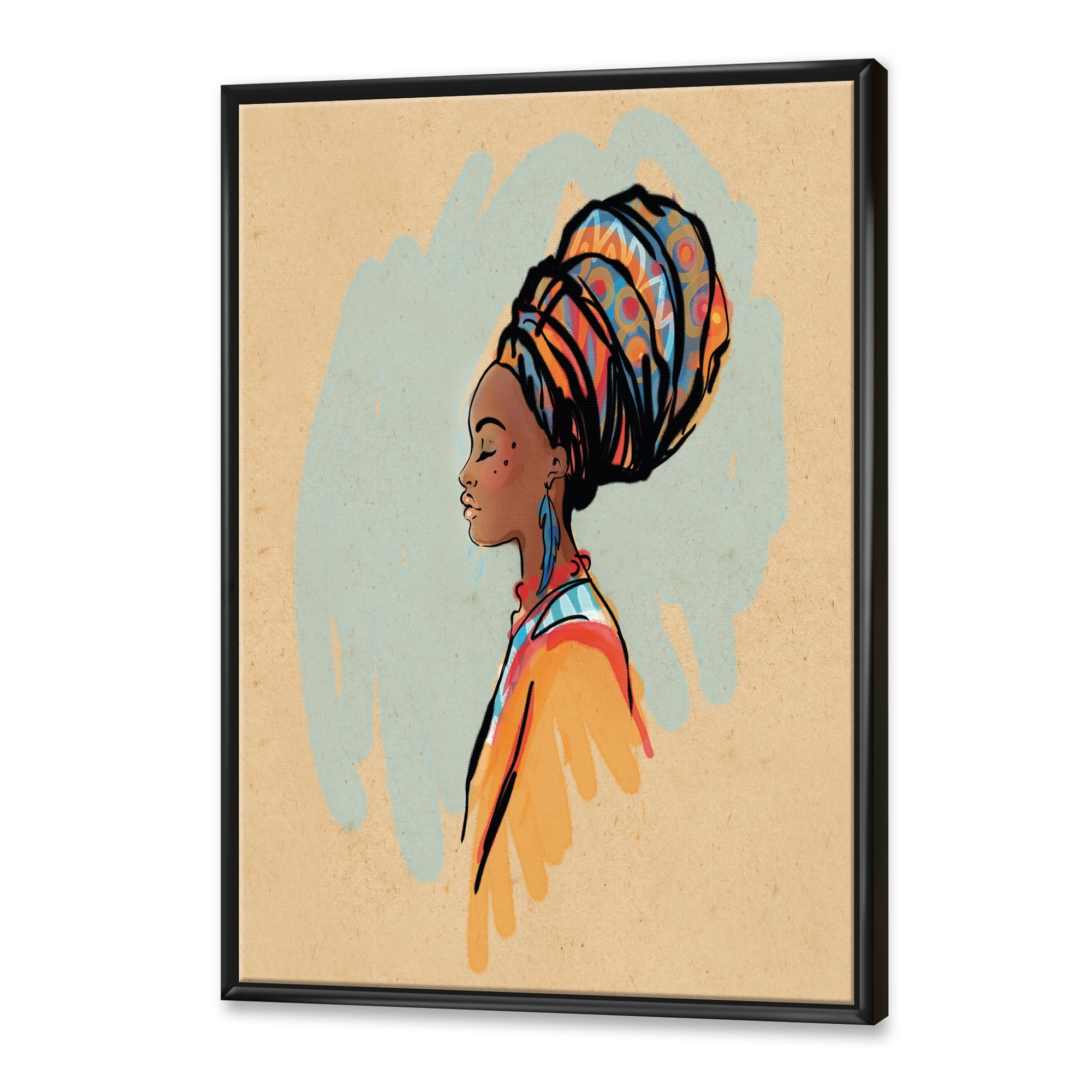 Designart 'Portrait of African American Woman With Turban II' Modern Framed Canvas Wall Art Print