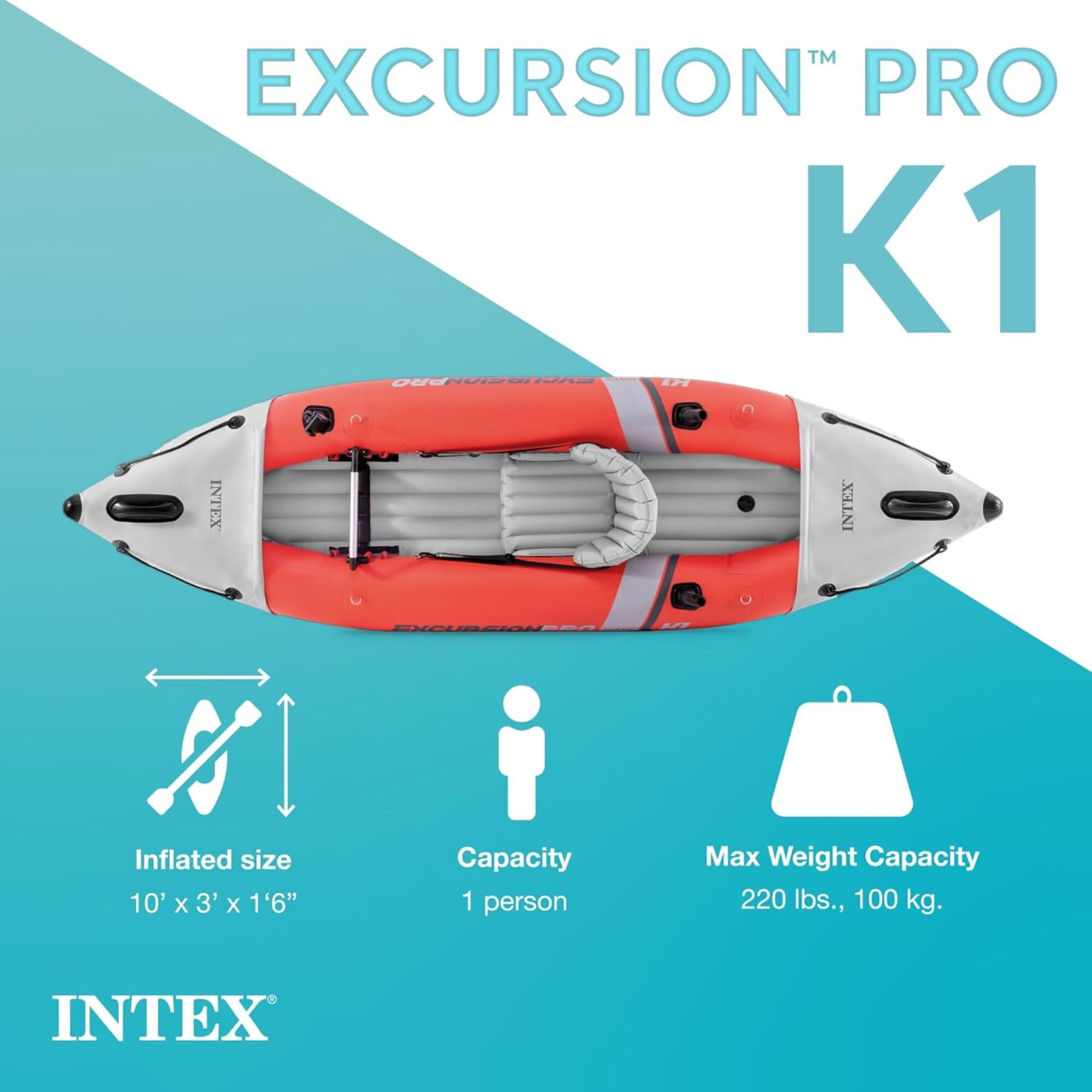 Intex: Excursion Pro K1 - 10' Inflatable Kayak Set - Orange & Gray, Aluminum Paddle Oars, Pump, Fishing Rod Holders, Adjustable Bucket Seat, 220lb Cap