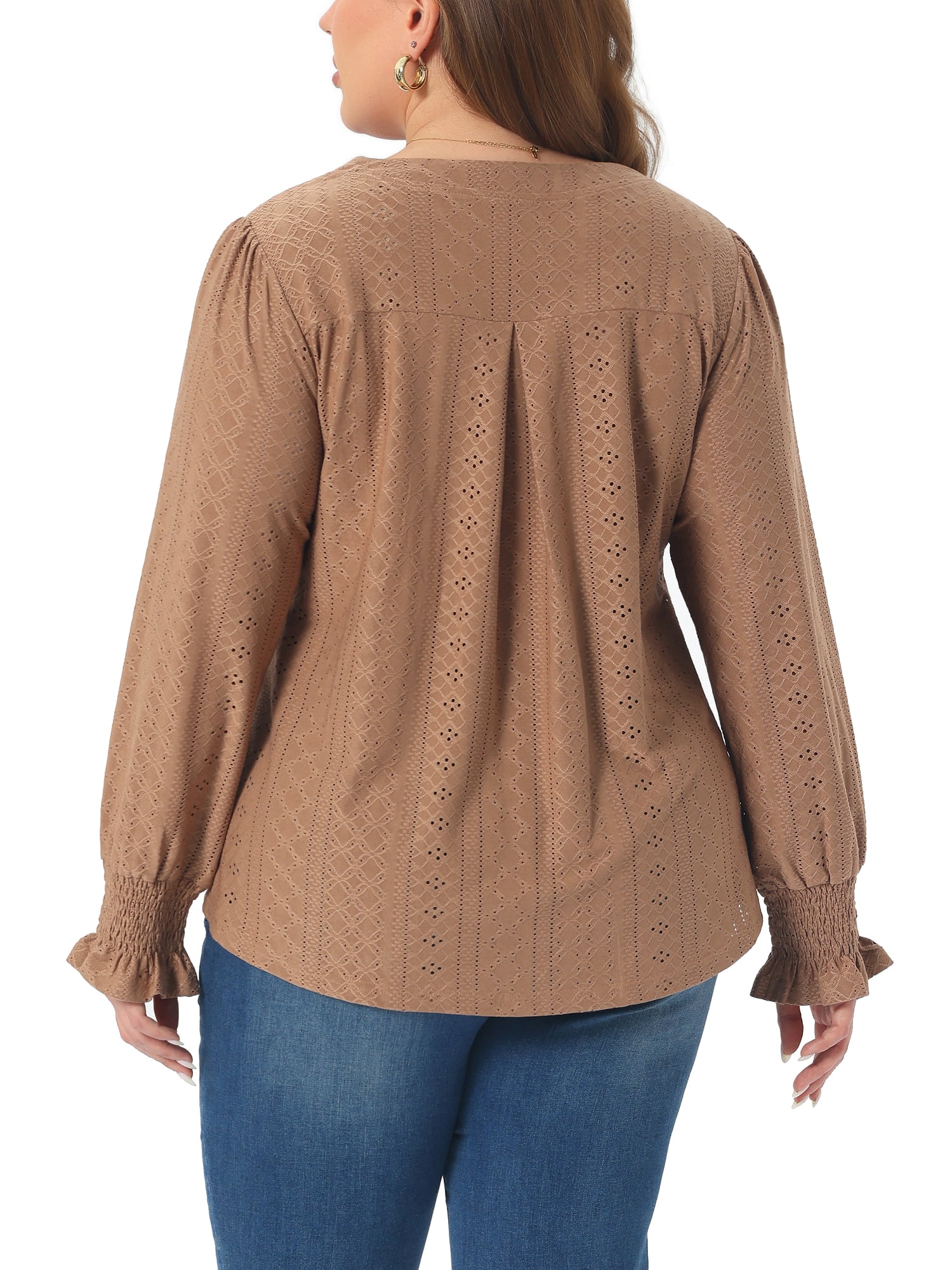 DARING DIVA Women's Plus Notched V Neck Eyelet Smocked Shirts Blouses 1X Brown