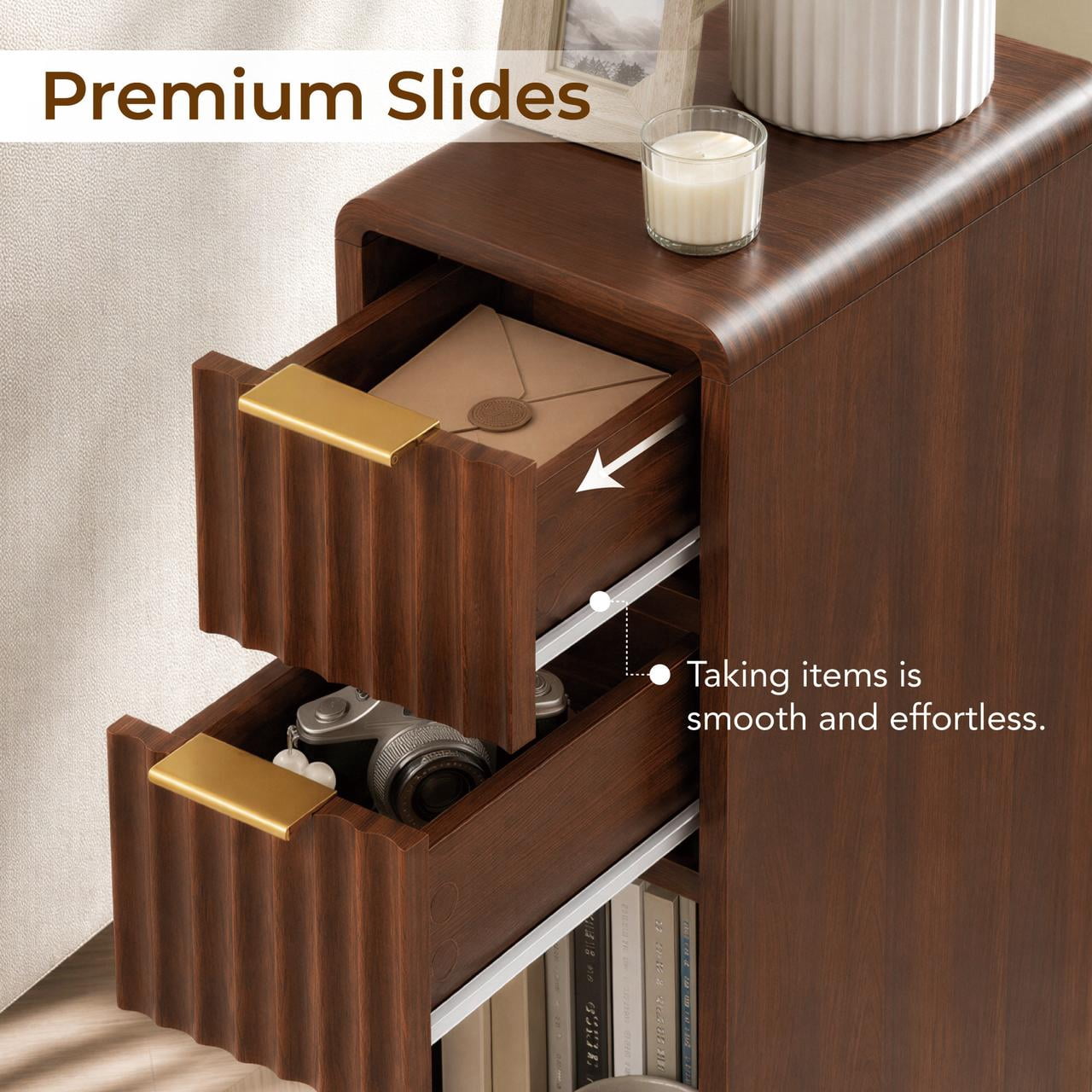 Spruce & Spring Fluted Slim Side Tables Set of 2 with 2 Drawers & Open Shelf for Living Room, End Table for Small Spaces, Walnut