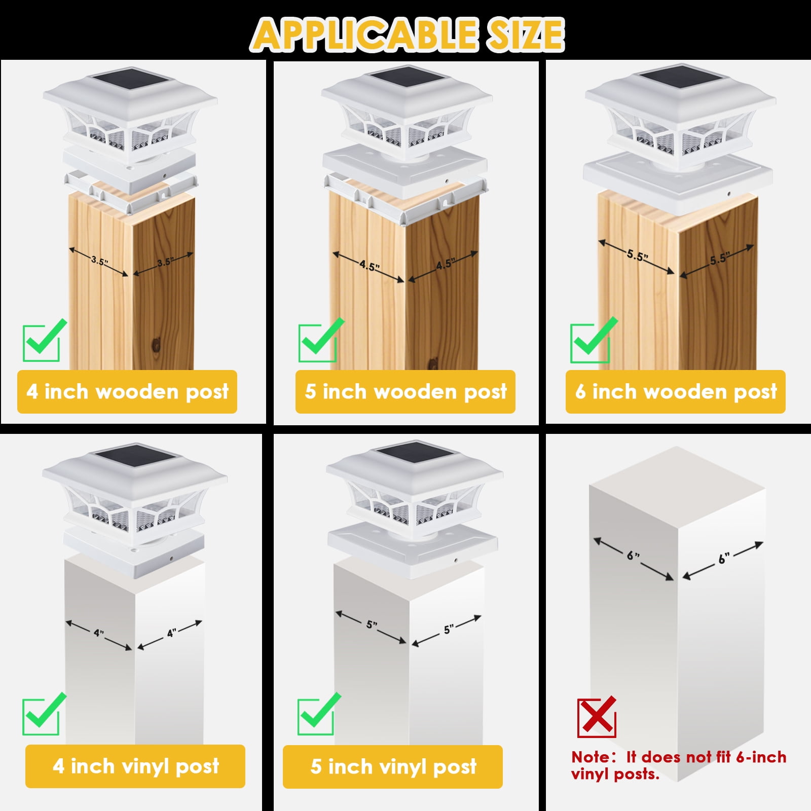 Solar Lights for Fence Post Cap Outdoor Deck 6 Pack for 4x4/5x5/6x6 Wooden/Vinyl Posts Two Light Modes LED Warm/Cool White Decor for Garden Patio. (White, 6)