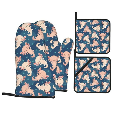

Oven Mitts and Pot Holders Sets 4 pcs axolotl kawaii heart cute Non-Slip Oven Gloves Potholders Soft Quilted Lining Heat Resistant Gloves Hot Pads for Kitchen Cooking Baking