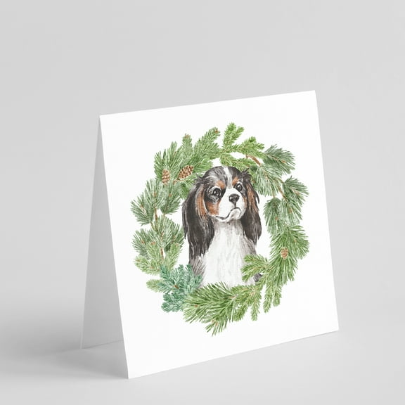 Cavalier King Charles Spaniel Tricolor with Christmas Wreath Square Greeting Cards and Envelopes Pack of 8 5 in x 5 in