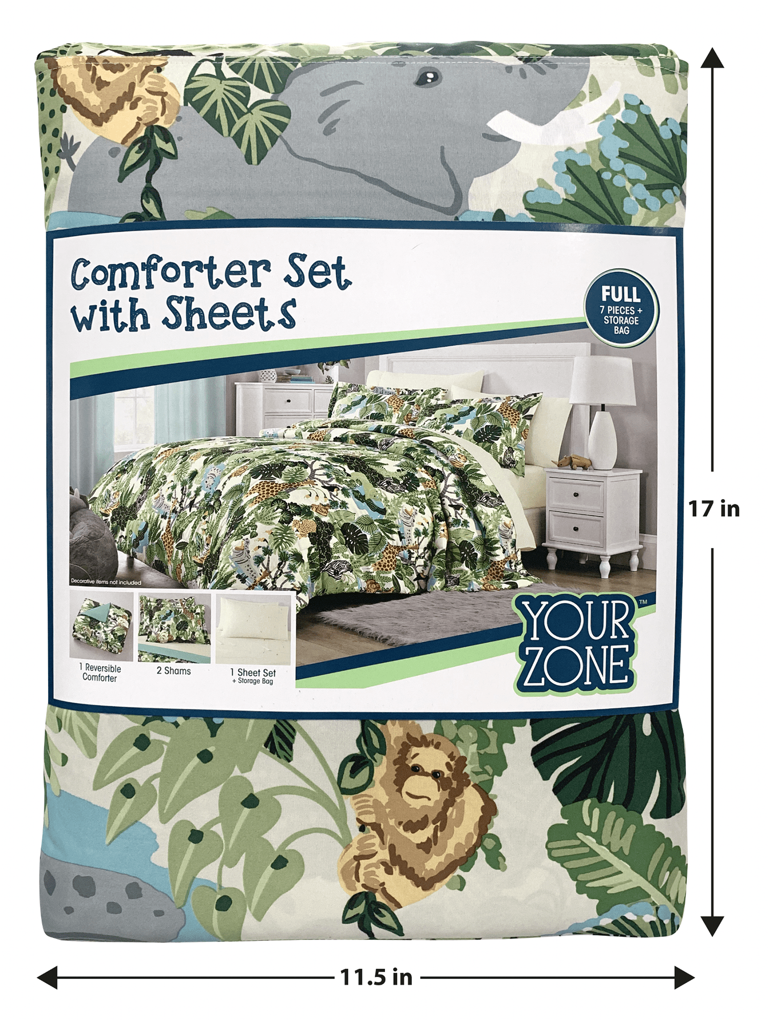 Your Zone 7 Piece Green Jungle Polyester Bedding Set for Kids, Unisex, Full