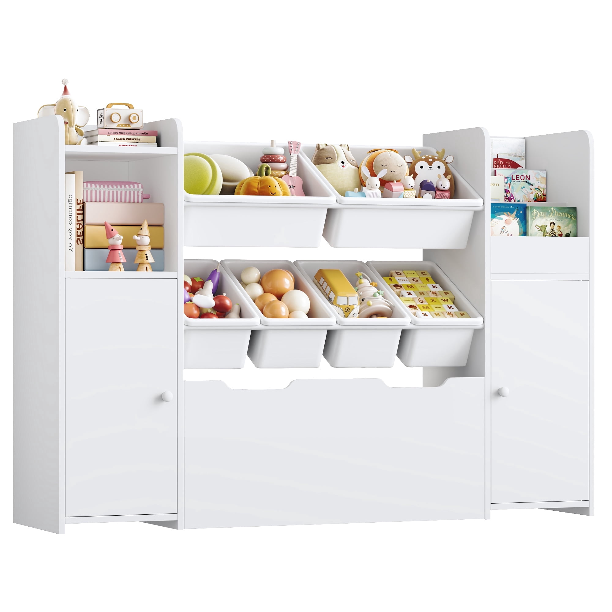 Homfa Kids Bookcase with 2 Doors and Drawer on Wheels, Toy storage Organizer with 6 Bins and Adjustable Shelves, for Kids Playroom, Nursery, White