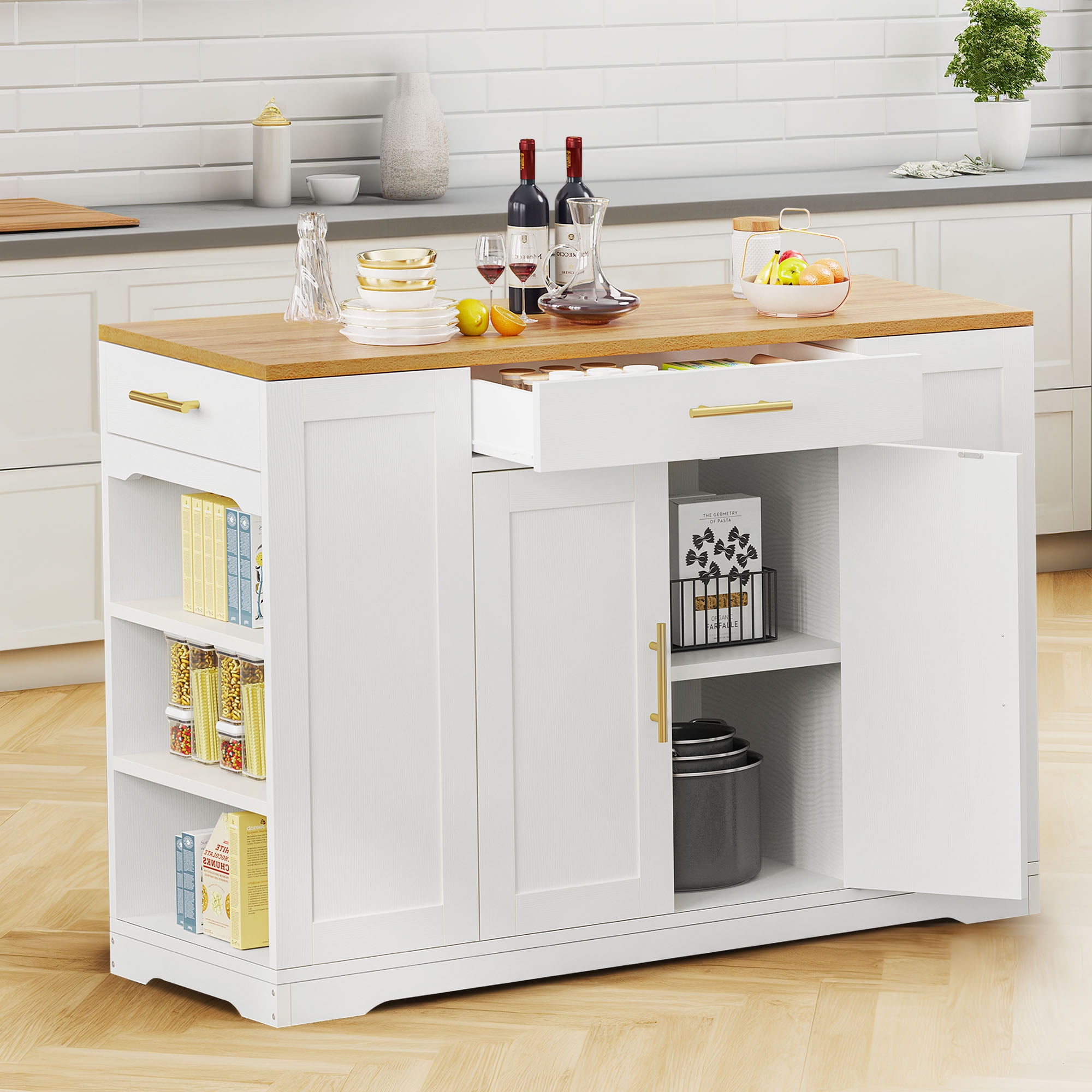 DEXTRUS 53" Kitchen Island Cart on Wheel, Kitchen island with Storage Cabinet, Tilt Out Trash Can, 2 Drawers for Home Kitchen, White