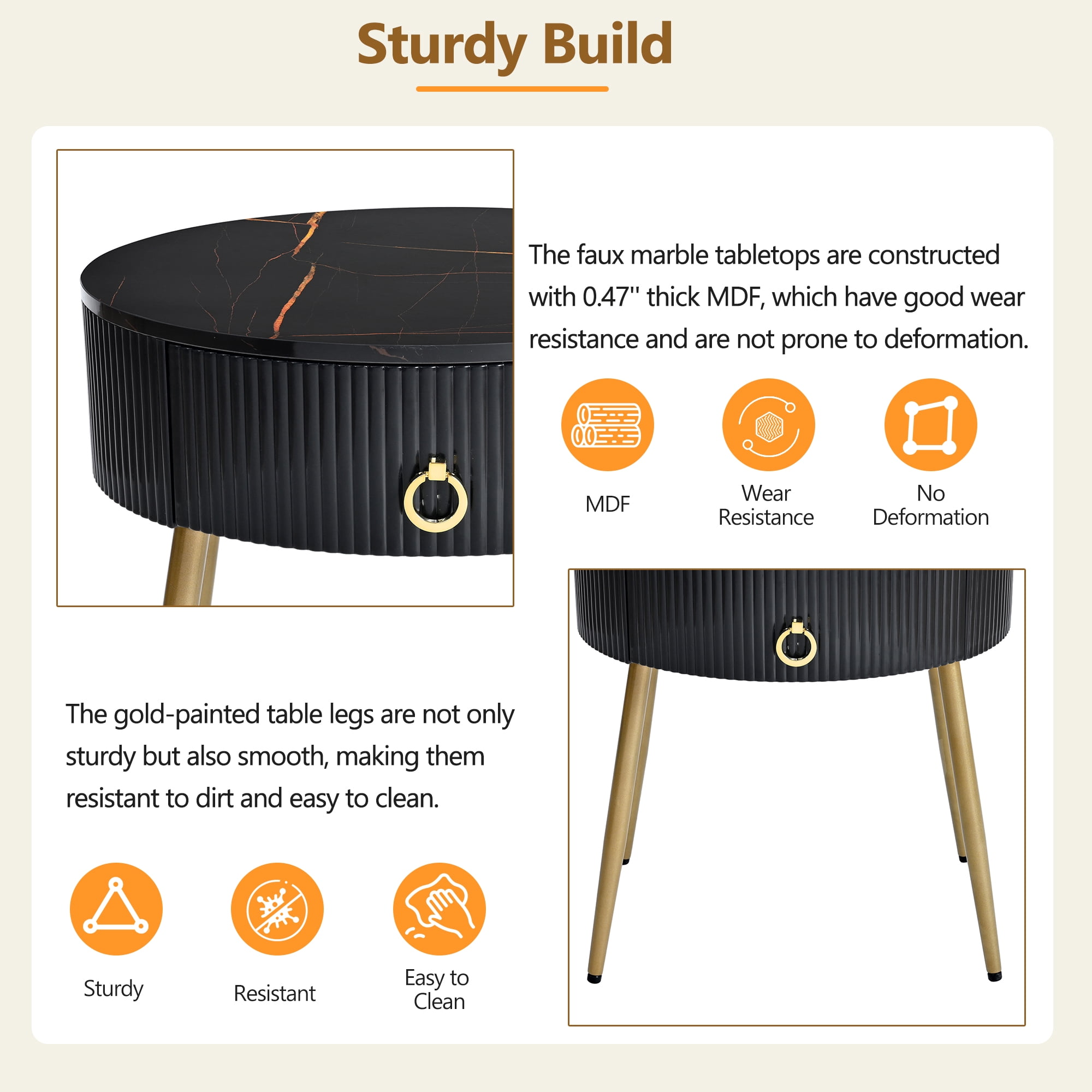 EUROCO 2-Piece 19.6" Round Coffee Table Set, End Tables with High Gloss Faux Marble Tabletops,Modern Fluted 2 Side Tables with Drawers and Golden Legs for Living Room, Black