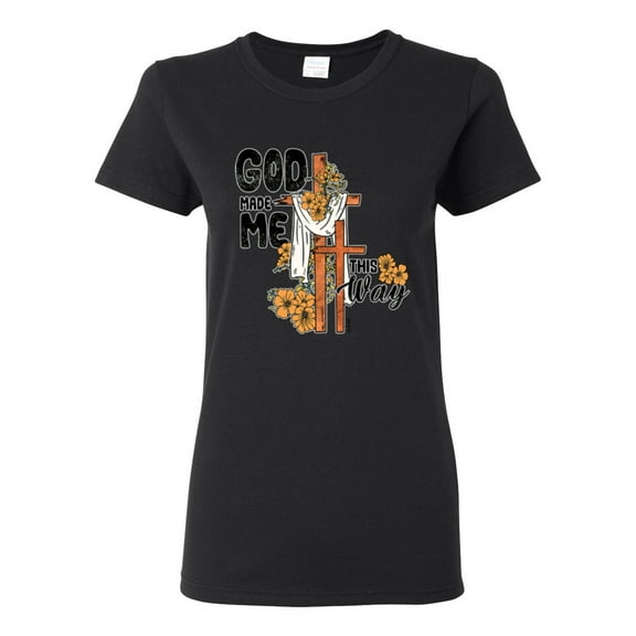 Wild Bobby God Made Me This Way Cross with Sunflowers Inspirational/Christian Women Graphic Tee, Black, Small