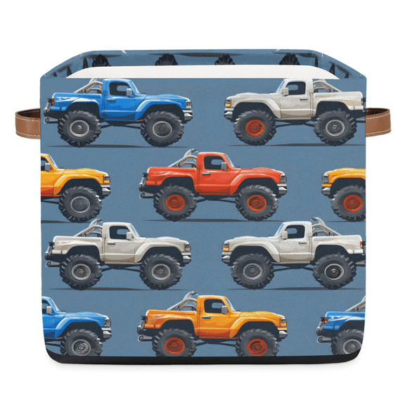 CURLYOOT 13 x 13 Inch Cube Storage Bin, Cartoon Truck Fabric Storage Cube Baskets, Closet Shelves Foldable Bins with Leather Handles for Home Organizer