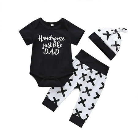 

QWERTYU Newborn Infant Baby Toddler Boy Long Sleeve Letter Print Outfits Clothes Set Bodysuit and Pants Set with Hat 0-2Y Black 100