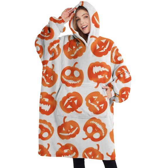 Oversized Wearable Blanket Hoodie,Halloween Jack O Lantern Silhouettes Pattern Sherpa Blanket Hoodie with Super Pockets,Super Warm Fuzzy Pullover for Women & Men