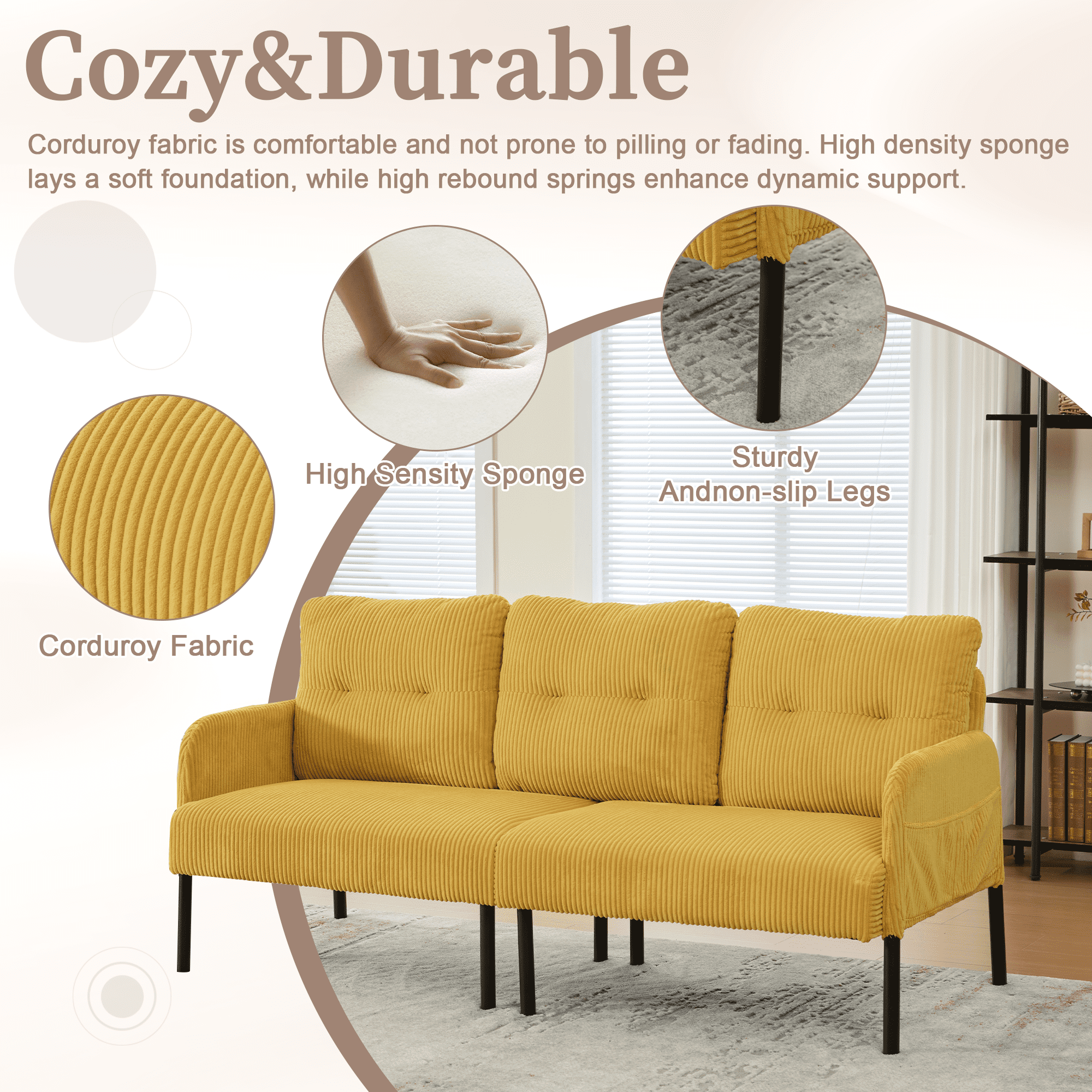 Loveseat, Small Sofa, Couch, Oversized Corduroy 2-Seater Sofa with Side Storage Pockets and Sturdy Metal Legs for Apartment, Dorm or Living Room, Mustard Yellow