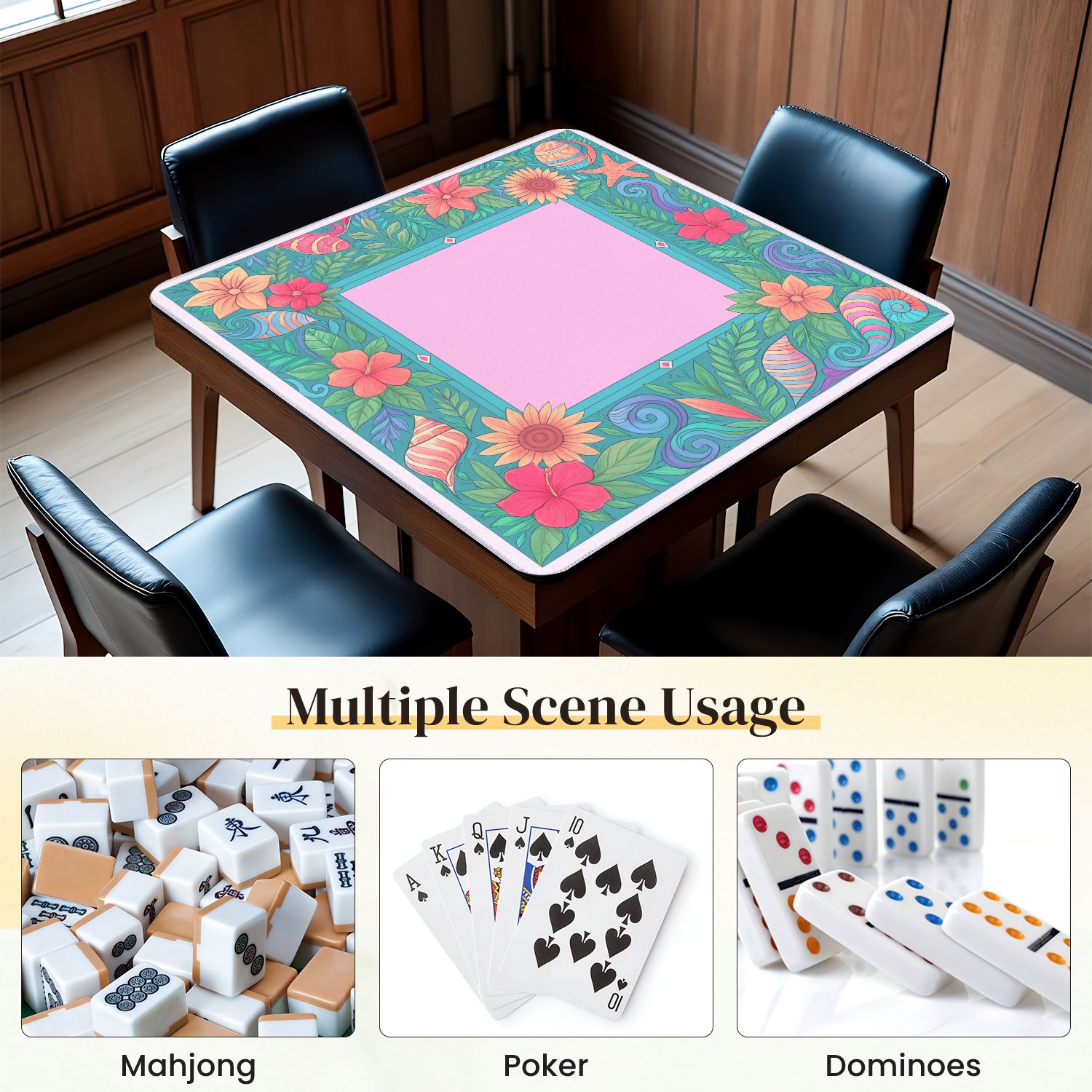 Mahjong Mat 31.5" x 31.5" Floral Tropical Seashell Anti-Slip and Noise Reduction Symmetry Design Mahjong Tiles Table Cover for Dominoes Poker Card Board and Tile Games