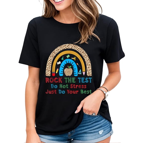 Tshirt for Women Rainbow Rock The Test Funny Teacher Shirt Don't Stress Just Do Best Casual Short-sleeved Tops Black 2X-Large