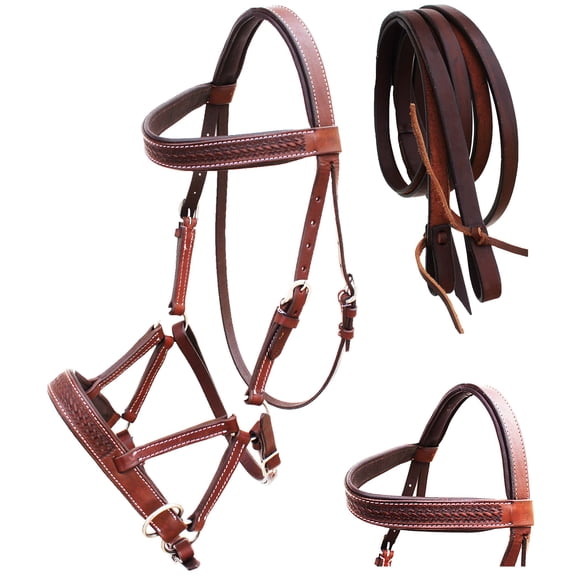 Horse Western Leather Floral Bitless Sidepull Bridle Split Reins 77RS30BR