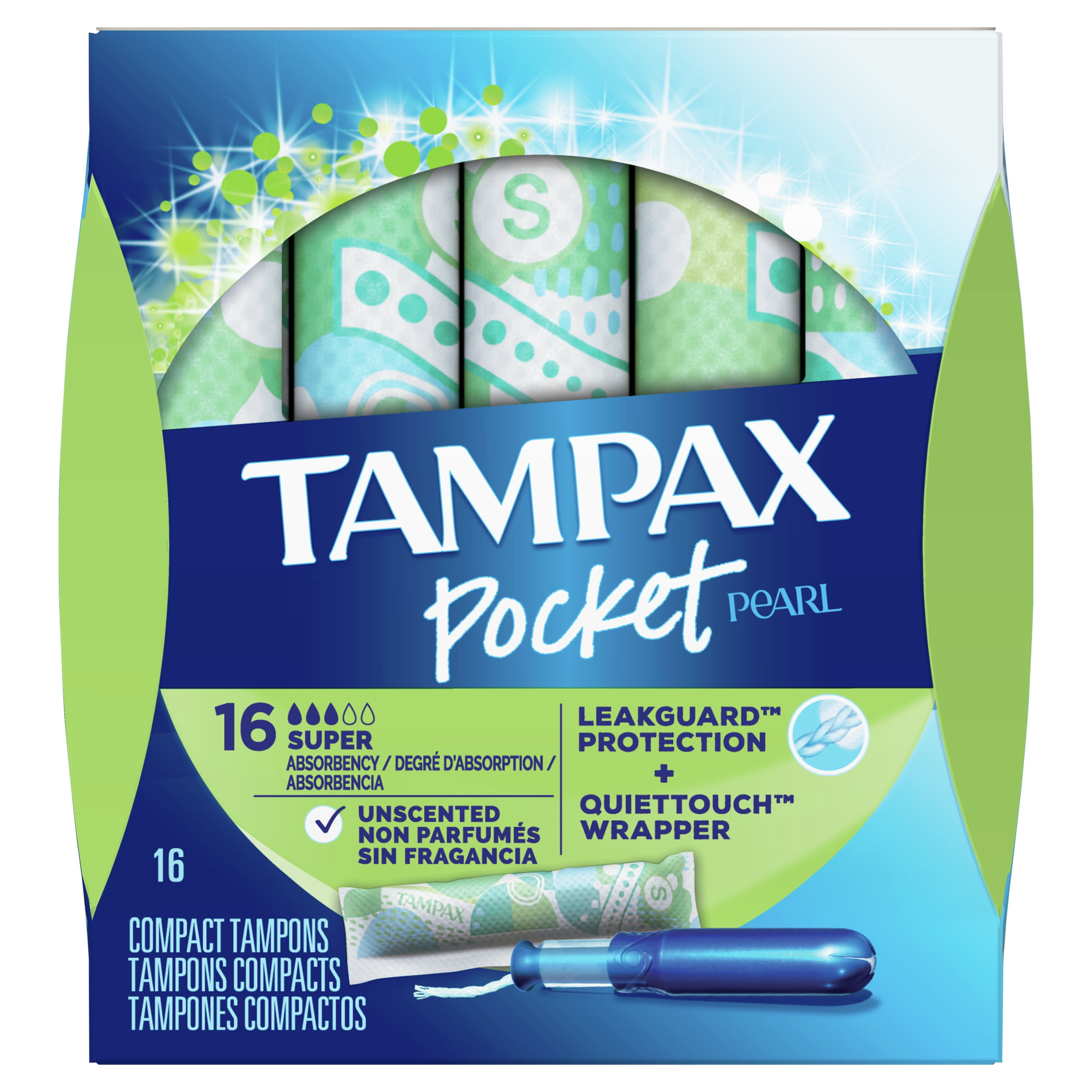 Tampax Pocket Pearl Tampons, Unscented, Super Absorbency, 16 ct