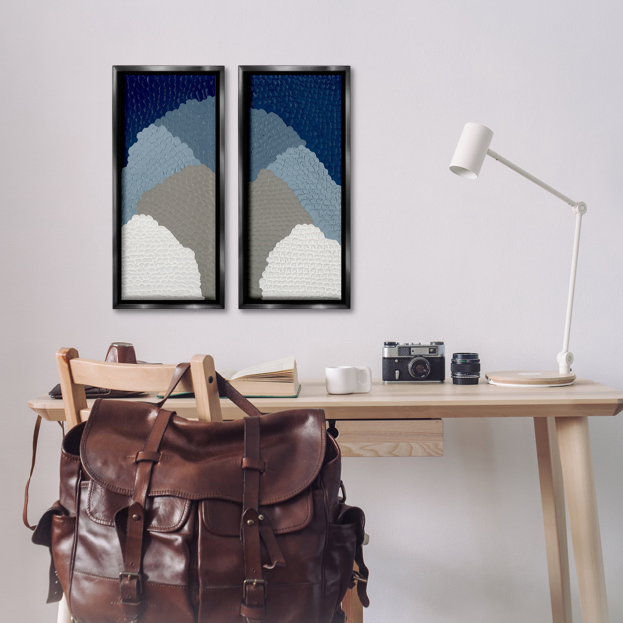 Stupell Industries Textured Blue Abstract Mountains Abstract Painting Black Floater Framed Canvas Art Print Wall Art, 11 x 25, Set of 2