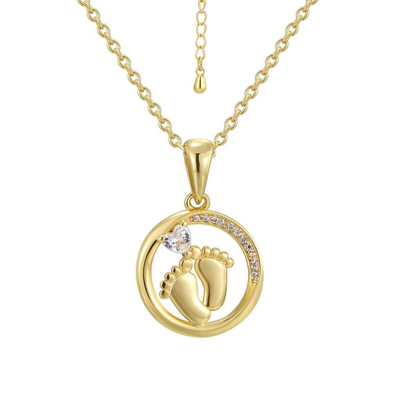 Gold Plated Round Pendant Necklace for Women Heart CZ with Tiny Footprint Necklace Mother's Day Gift for Mom Or Wife
