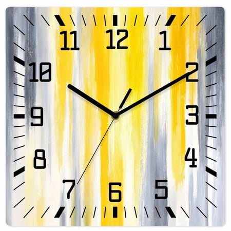 Yellow Gray White Wooden Wall Clock Silent Non Ticking, Farmhouse Gradient Abstract Art Square Wall