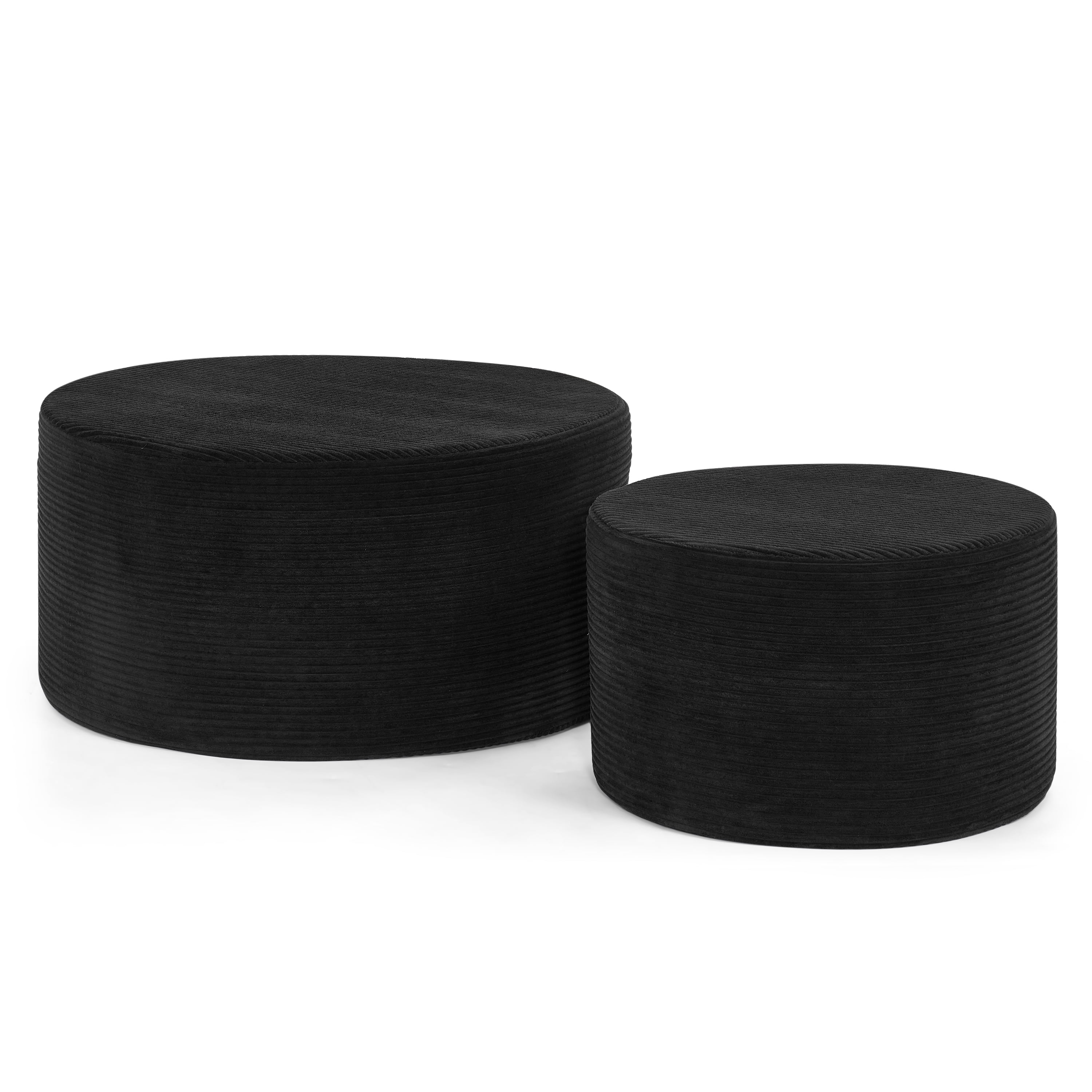 Aukfa 2-Piece Round Ottoman Set, Upholstered Coffee Table & Nesting Footrest Stools for Living Room, Bedroom, Black