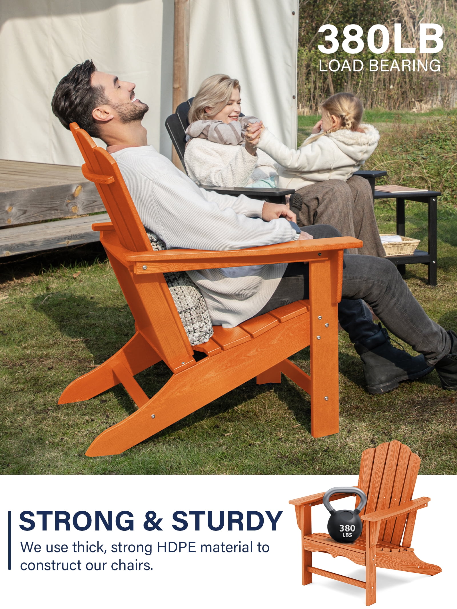 KINGYES HDPE Adirondack Chair, All-Weather Outdoor Fire Pit Chairs for Patio Deck Lawn, Orange