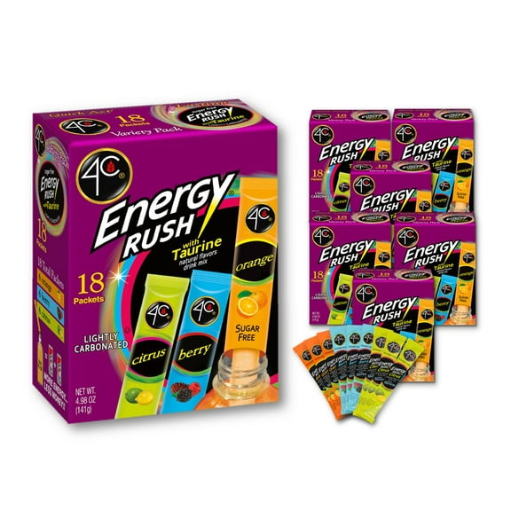4C Energy Rush Stix, Variety 6 Pack, 18 Count, Single Serve Water Flavoring Packets, Sugar Free With Taurine, On The Go Bundle