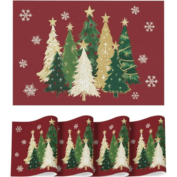 Red Xmas Trees Vinyl Christmas Placemats Set of 6, 12x18 Inch Washable Plastic Non-Slip Woven Winter Table Mats for Party Kitchen Dining Decor