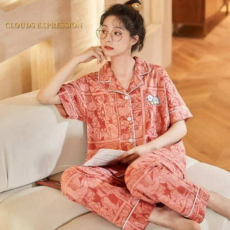 

QWZNDZGR Spring Summer Short Pijama Cartoon Print Women s Pajamas Set Kawaii Girl Nightwear Plaid Pants Sleepwear Lounge Homewear Fashion