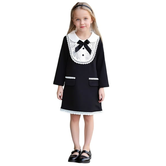 IVEYRTF Children Cute Bow Lace Long Sleeve Collar Dress for Girls College Loose Casual Fashion Daily Wear Party Outfit Winter Spring Dress(Black,7-8 Years)