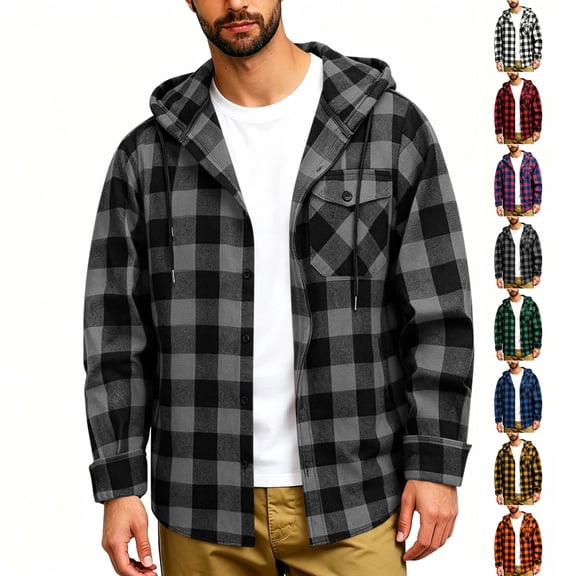 Flannel Shirts for Men Dqueduo Men's Patchwork Plaid Hooded Button Long Sleeve Casual Shirt Jacket Gray XL