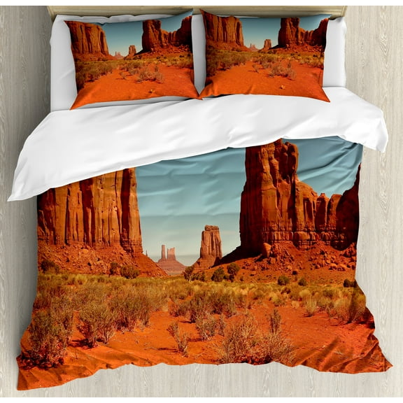 Desert Duvet Cover Set, Sunny Hot Day Monument Valley Arid Country Prehistoric Nation Arizona USA, Decorative 3 Piece Bedding Set with 2 Pillow Shams, Calking Size, Dark Orange Pale Blue, by Ambesonne