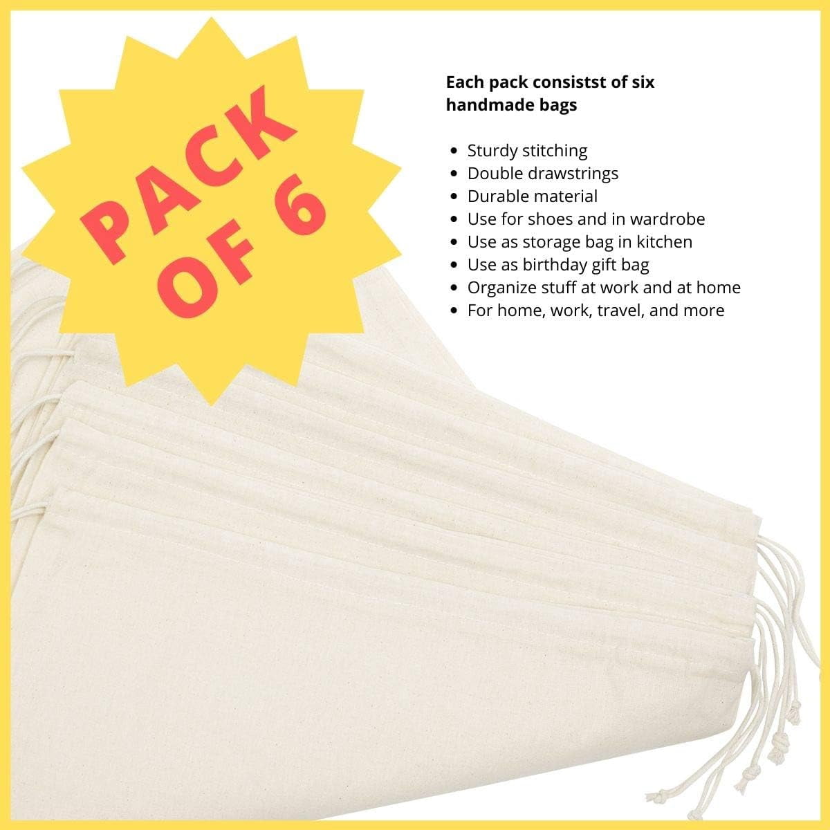 100% Cotton Muslin Shoe Bags (14x17 Inch - 6-Pack) Extra Large Unbleached Natural Fabric awstring Storage Pouches for Shoes Boots Travel Closet Organization