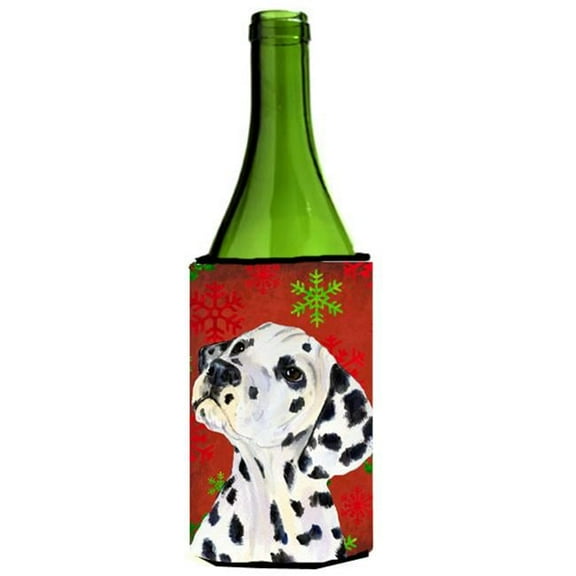 Dalmatian Red And Green Snowflakes Holiday Christmas Wine bottle sleeve Hugger - 24 oz.