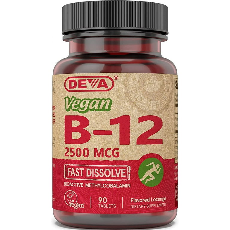Deva Vegan Vitamins B-12, High Potency 2500 mcg B12, Fast Dissolve,  Sublingual, 90 Tablets - Walmart.com