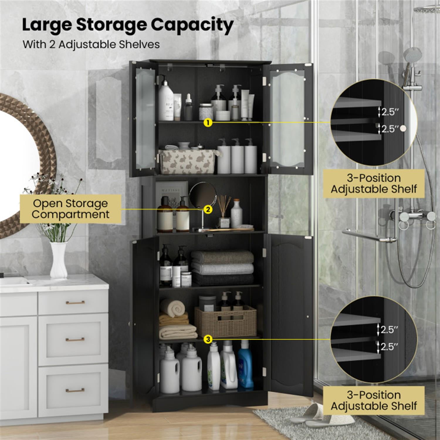Demi Bonn 64.5" Tall Freestanding Bathroom Storage Cabinet with Frost Glass Doors and Shelves, Pantry Cabinets, Black
