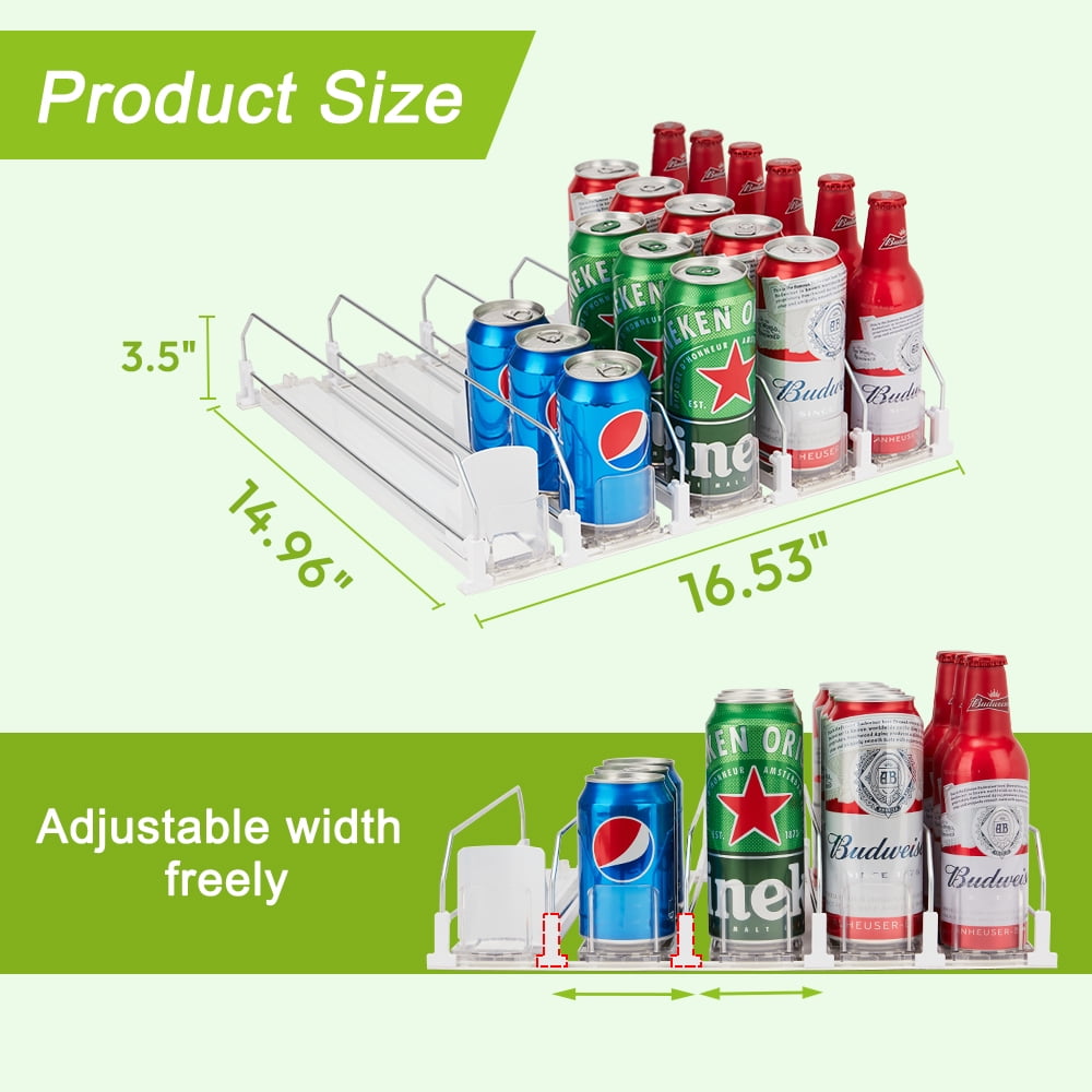 Hyindoor 5 Rows Drink Organizer for Fridge Adjustable Width, Automatic Pushing 12oz 16oz 20oz Soda Can Organizer Dispenser, Holds up to 25 Cans (White)