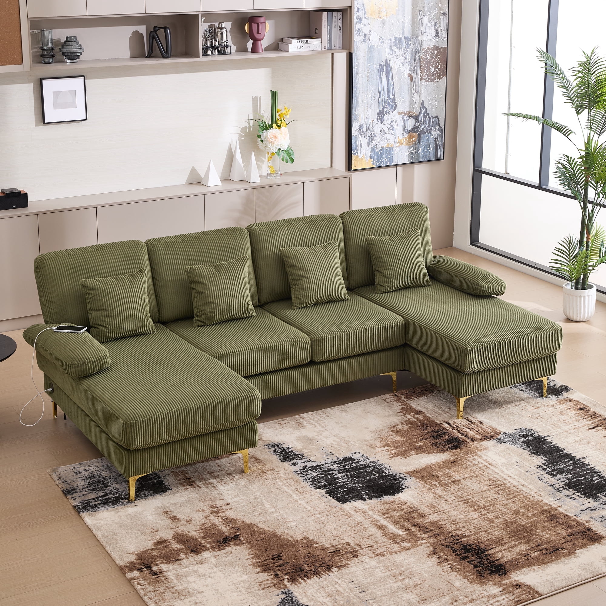 Homefun U-Shaped Corduroy Sectional Sofa 4-Seat with 2 Chaise Large Couches with USB Intelligent Lighting
