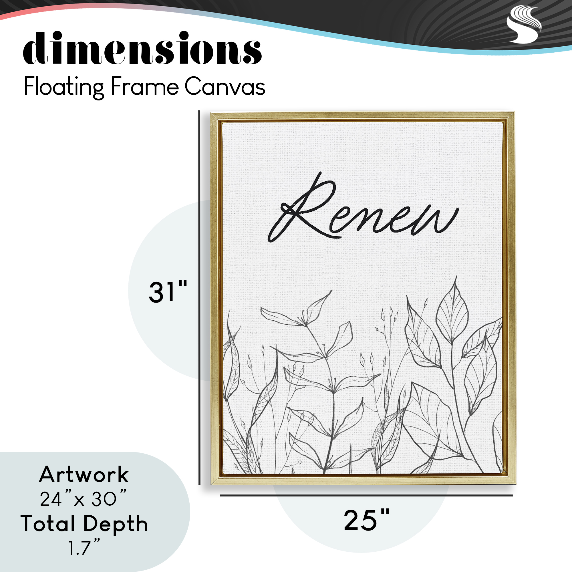 Renew with Leaf Outlines Gold Framed Floater Canvas Wall Art, design by Lettered and Lined