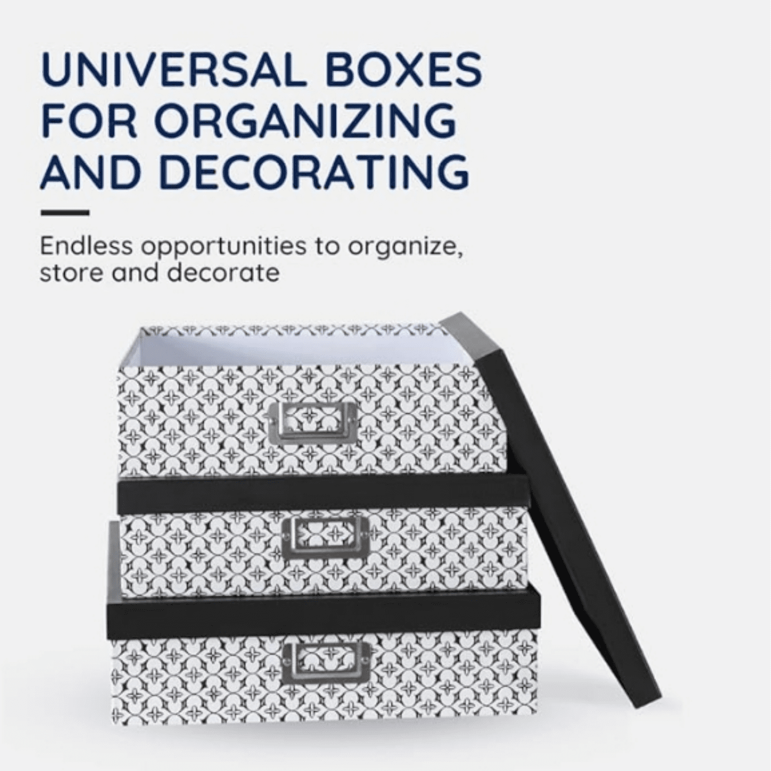 Black and White Decorative Storage Boxes with Lids for Organizing, Set of 3 Jumbo Scrapbook Storage Boxes for Documents, Keepsakes, Memories, Modern Trellis
