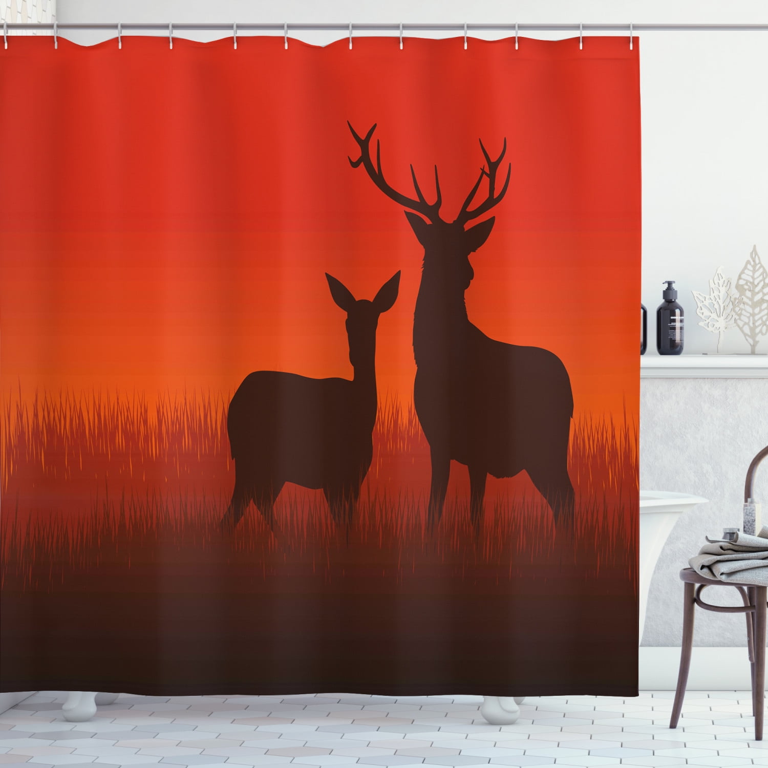 Hunting Shower Curtain, Silhouette Illustration of a Deer and Doe on