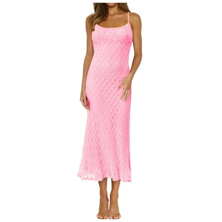 Mnyotv Womens Beach Dress Women Fashion Solid Lace Patchwork Jacquard Skirt Slip Dress Solid Color Sexy Dress Bodycon Long Dresses Pink S