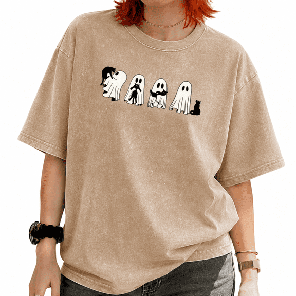 Women's Funny Ghost Squad Graphic T-Shirt - Halloween Line Art Short Sleeve Tee, Trendy Fall Top